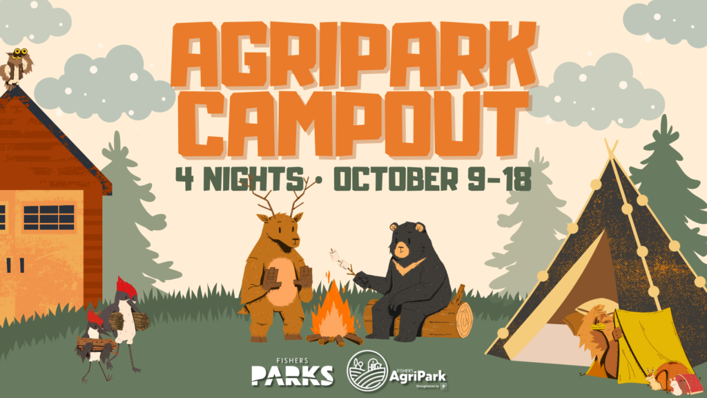 Illustrated poster for AgriPark Campout featuring two bears by a campfire, tents, trees, and an owl on a cabin.