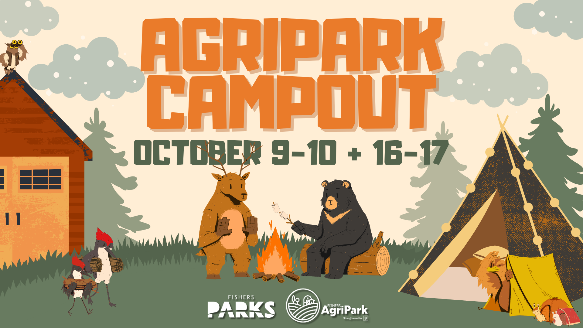 Poster advertising Agripark Campout with cartoon bears camping around a fire, tents and trees in a forest. It highlights a family-friendly outdoor event.