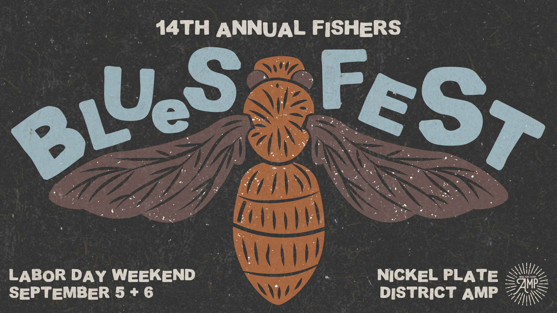Poster for the 14th Annual Blues Fest with a large stylized orange cicada and light blue letters on a dark textured background.