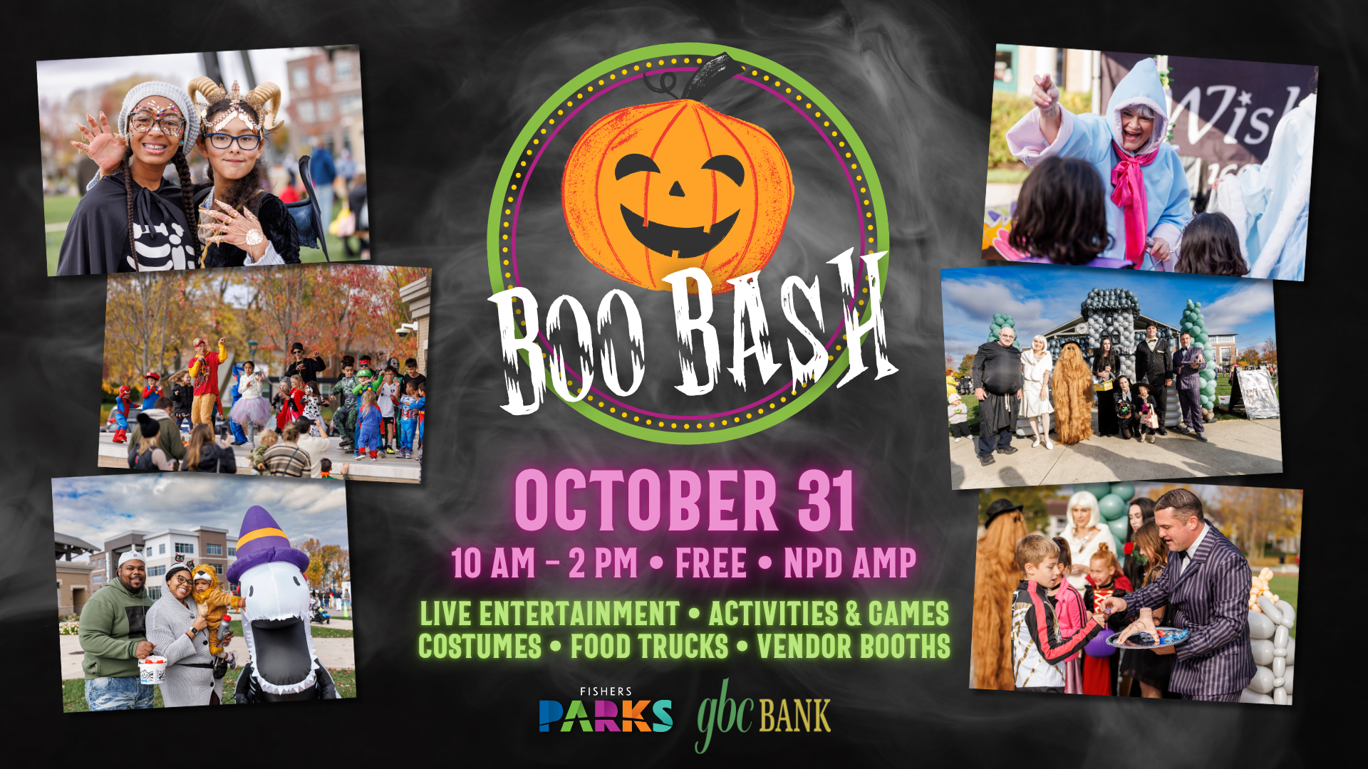 Halloween event poster for Boo Bash featuring a pumpkin logo and a collage of costumed people against a smoky black background, center stage text visible