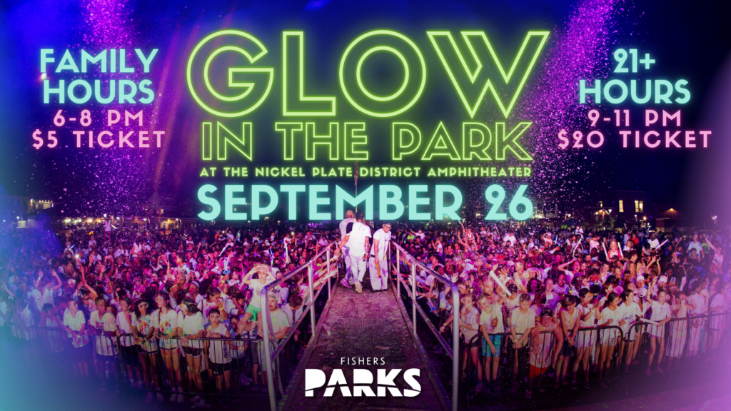 Night-time festival poster showing a large crowd at Glow in the Park with neon green and blue text and confetti effects, date September 26 nearby, brand “Parks” at bottom.