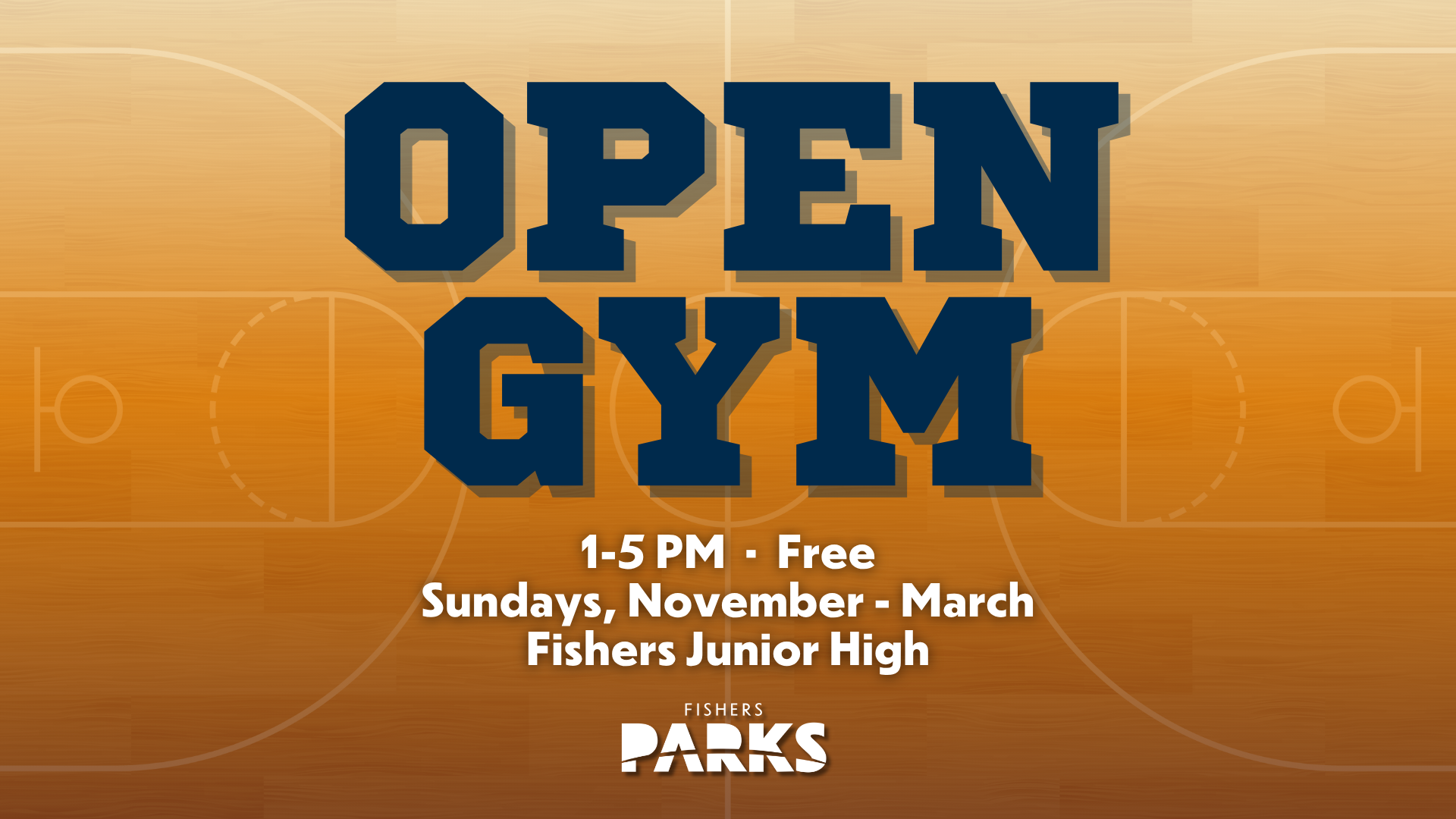 Open Gym poster: large 'OPEN GYM' text over basketball court background with event details (1-5 PM, Sundays, Nov–Mar, Fisher's Junior High).
