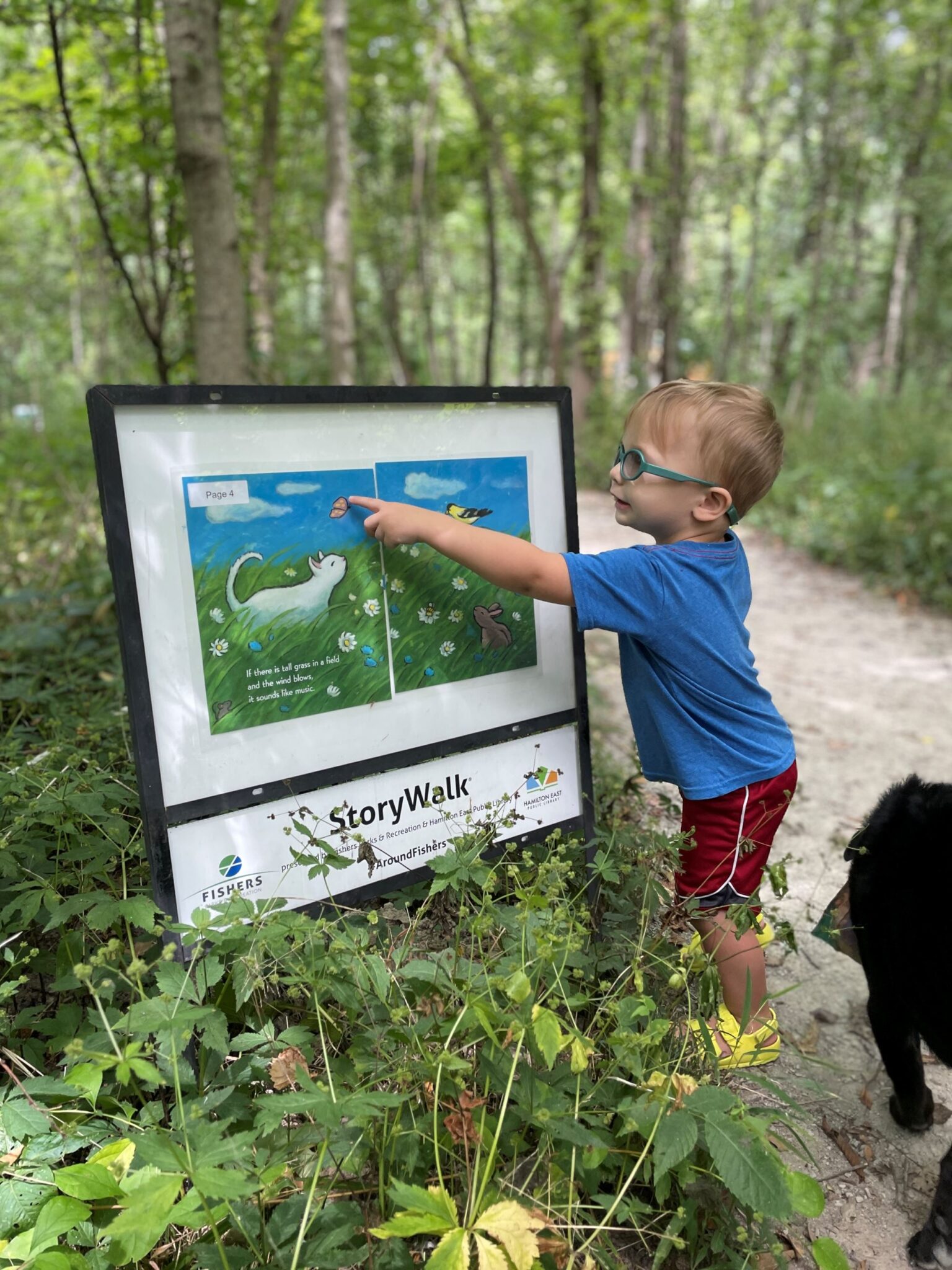 Young boy pointing at framed sign on storywalk trail